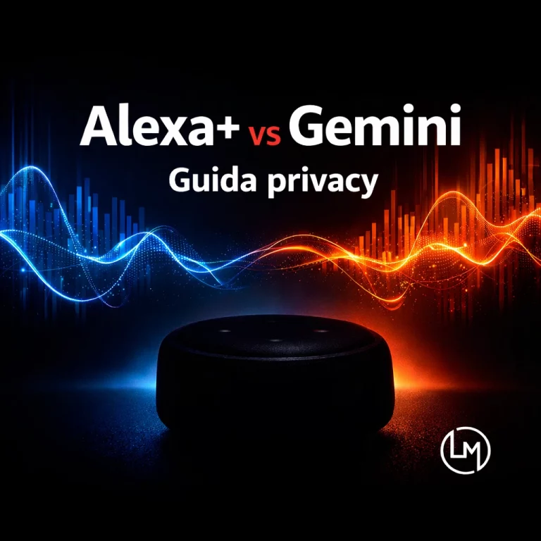 Confronto privacy tra Alexa+ e Gemini, due assistenti AI generativi per la casa - guida 2026. Immagine con sfondo nero, onde acustiche blu e rosse ai margini sinistro e destro. un dispositivo alexa al centro oscurato. Testo dell'immagine Alexa+ vs Gemini Guida privacy