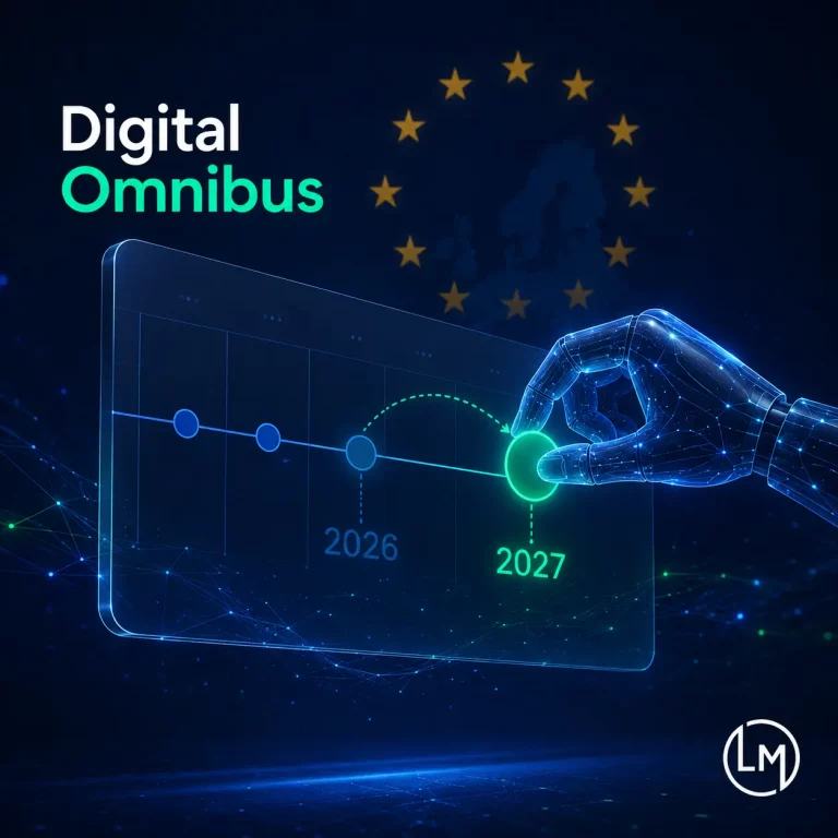 Calendario del Digital Omnibus AI Act con il rinvio degli obblighi per i sistemi ad alto rischio dal 2026 al 2027-2028, su sfondo blu con stelle UE