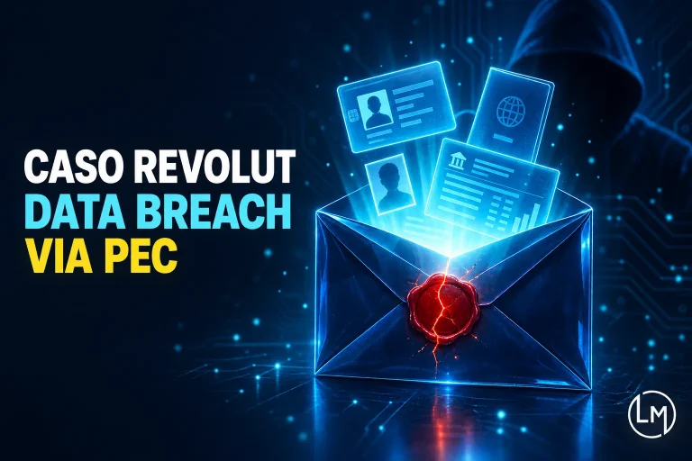 Busta di posta elettronica certificata con sigillo rosso spezzato da cui escono documenti d'identità ed estratti conto, copertina del case study sul data breach Revolut