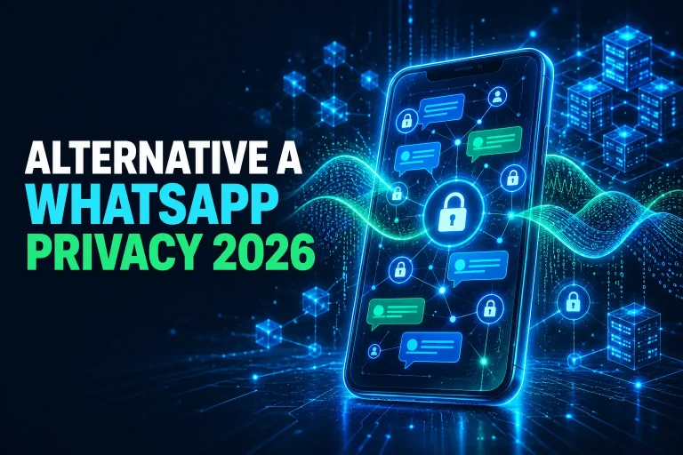 Smartphone con chat protette da lucchetti e la scritta Alternative a WhatsApp Privacy 2026