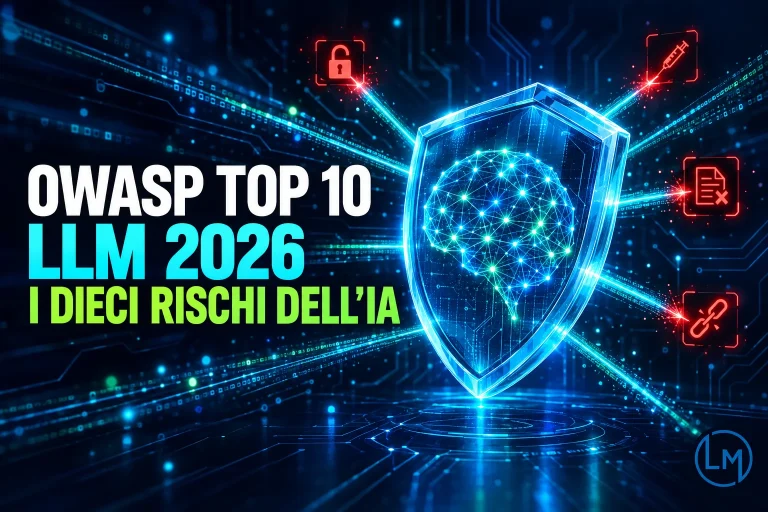Scudo di vetro con un cervello digitale al centro e dieci fasci di luce verso icone di minaccia, con la scritta OWASP Top 10 LLM 2026, i dieci rischi dell'IA
